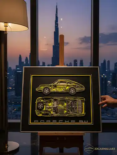 Close-up of multi-layered handcrafted 3D Porsche 911 car artwork